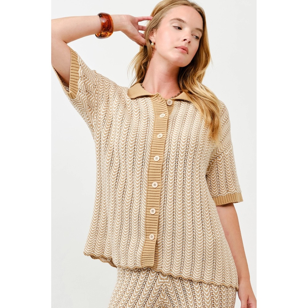 ST257. Chevron Pointelle Knit Shirt & Pants Matching Set - Picture 2 of 11